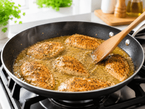 Chicken broth being stirred into a skillet with golden chicken pieces and garlic in a bright kitchen setting.