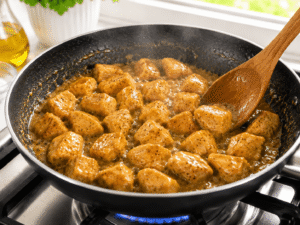Honey mustard chicken simmering in a skillet with glossy thickened sauce and steam rising in a bright kitchen.