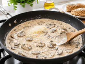 Heavy cream and parmesan cheese melting into a creamy mushroom sauce inside a large frying pan.