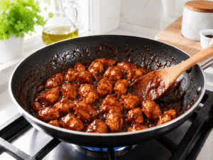 Sticky BBQ chicken being stirred in a skillet as the sauce thickens and coats the chicken pieces.