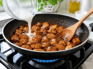 Cornstarch slurry being poured into spicy chicken sauce while stirring in a frying pan.