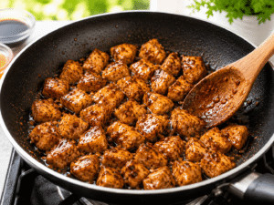 Chicken bites coated with soy sauce and honey in a frying pan, creating a glossy butter garlic glaze.