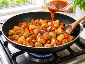 Sweet and sour sauce being poured into a skillet filled with chicken, pineapple, onions, and bell peppers