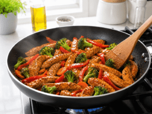 Chicken, broccoli, bell peppers, and carrots simmering in a light soy lemon sauce until glossy and heated through