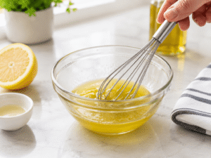 Lemon juice and olive oil being whisked together in a small glass bowl to make a simple dressing