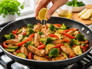 Fresh lemon juice being squeezed over chicken, broccoli, bell peppers, and zucchini in a hot skillet for bright flavor