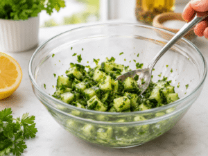 Fresh cucumber, chopped parsley, and lemon juice mixed together in a glass bowl for a Mediterranean topping