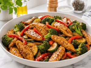 Healthy low carb chicken stir fry served hot on a white plate with broccoli, zucchini, and red bell peppers in a savory sauce.v