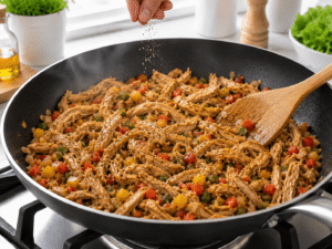 Chicken and vegetable filling seasoned with salt and black pepper while cooking in a skillet until heated through.