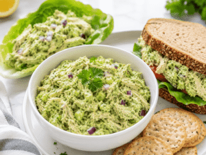 15-Minute Avocado Chicken Salad served in a white bowl with crackers, lettuce wraps, and a sandwich for a healthy lunch