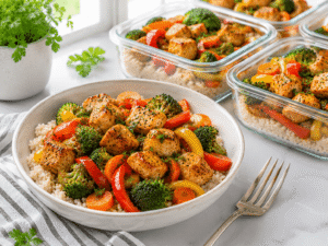 Finished chicken meal prep bowl served warm with extra meal prep containers ready for storage.