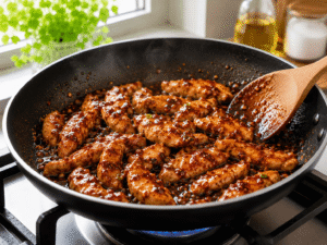 Glossy spicy garlic chicken simmering in a thick rich sauce inside a black frying pan.