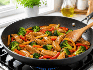 Soy sauce and lemon juice mixed into chicken and vegetables creating a glossy coating in the skillet.