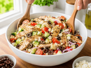 Greek chicken bowl gently tossed with chicken, vegetables, feta cheese, olives, quinoa, and dressing for a fresh Mediterranean meal.