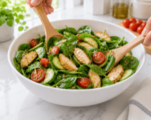 Chicken spinach salad being gently tossed until the dressing evenly coats the spinach, chicken, and vegetables.