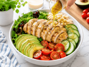 Homemade lemon garlic dressing being poured over chicken, avocado, quinoa, cucumber, and tomatoes in a meal bowl