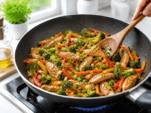Fresh chopped spring onions added to lean chicken stir fry and stirred into the sauce-coated vegetables and chicken.