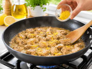 Bright yellow lemon zest sprinkled into a skillet of lemon butter chicken with glossy simmering sauce.