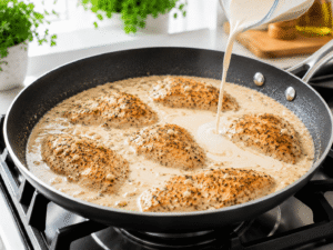 Heavy cream being poured into a skillet with seasoned chicken to create a creamy garlic sauce.