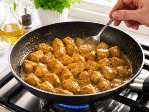 Spoon tasting creamy honey mustard sauce from a skillet filled with cooked chicken pieces in a bright kitchen.