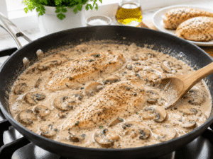 Cooked chicken breasts returned to creamy mushroom sauce and simmering together in a skillet.