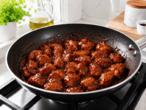 Sticky BBQ chicken resting in a skillet after cooking with glossy sauce coating each piece.
