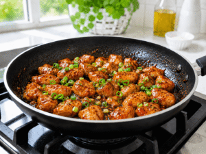 Finished garlic chili chicken garnished with chopped spring onions in a black skillet.