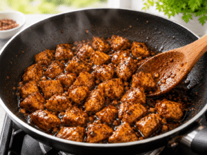 Butter Garlic Chicken Bites simmering in a thickened honey soy garlic sauce until fully cooked and caramelized.