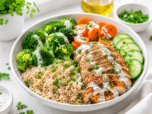 Finished healthy chicken bowl garnished with fresh parsley and served with grilled chicken, vegetables, rice, and creamy dressing.