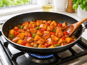 Sweet and sour chicken coated in thick glossy sauce while simmering in a black frying pan on a gas stove