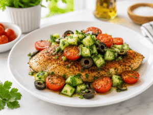 Mediterranean chicken served with cucumber parsley topping, warm cherry tomatoes, and black olives on a white plate