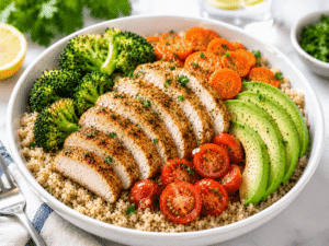 Finished Chicken Quinoa Bowl with grilled chicken, quinoa, broccoli, carrots, avocado, and cherry tomatoes ready to serve