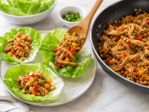 Warm chicken filling being spooned into fresh lettuce leaves to prepare healthy lettuce wraps.