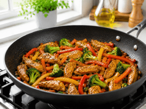 Chicken veggie stir fry finished cooking in a skillet with glossy vegetables and tender chicken ready to serve.