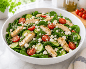 Crumbled feta cheese sprinkled over the top of a fresh chicken spinach salad.