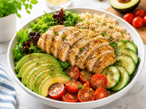 Finished Chicken Avocado Bowl with grilled chicken, avocado, quinoa, cucumber, cherry tomatoes, and fresh greens ready to serve