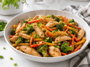 Finished lean chicken stir fry served hot with tender chicken, broccoli, carrots, bell peppers, and spring onions in a light savory sauce.