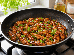 Cooked spicy garlic chicken topped with freshly chopped green onions in a black skillet.