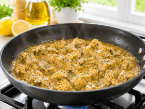 Lemon butter chicken simmering in a skillet with rich glossy sauce coating the chicken pieces evenly.