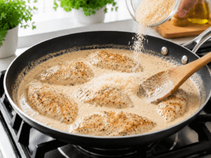 Grated parmesan cheese being added into a creamy garlic chicken skillet while the sauce is stirred until smooth.