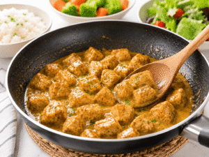 Finished honey mustard chicken served warm in a black skillet with glossy sauce alongside rice, vegetables, and fresh salad.