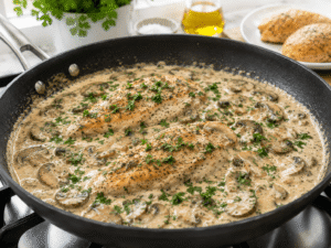Creamy mushroom chicken garnished with fresh chopped parsley in a black nonstick pan.