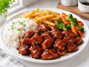 Sticky BBQ chicken served hot with white rice, crispy fries, and vegetables on a white plate.
