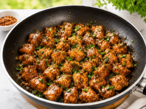 Fresh chopped parsley sprinkled over hot Butter Garlic Chicken Bites in a frying pan after cooking.