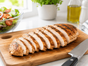 Juicy grilled chicken breast sliced into thin strips on a wooden cutting board