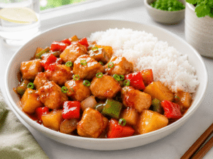 15-Minute Sweet and Sour Chicken served hot with white rice on a clean white plate in a bright modern kitchen