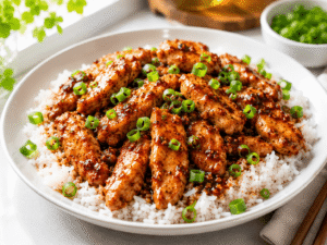 Plate of spicy garlic chicken served over white rice with green onion garnish in bright natural light.