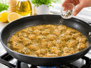 Extra salt and black pepper being sprinkled over simmering lemon butter chicken in a black skillet.