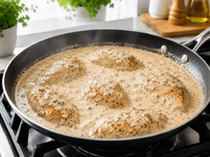 Creamy garlic parmesan sauce simmering around golden chicken pieces in a black skillet with visible steam.
