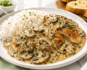Creamy mushroom chicken plated with rice and bread on a white plate in a bright cozy kitchen.